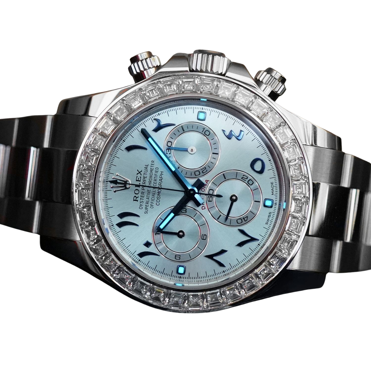 Daytona 40mm Baguette Diamond Bezel IceBlue Arabic Dial 116576TBR-0005