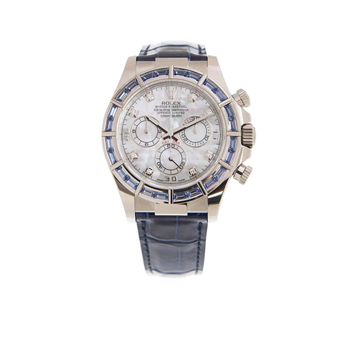 Cosmograph Daytona 40mm 116589SACI White Gold Blue Sapphire Bezel White Mother of Pearl Diamond Dial
