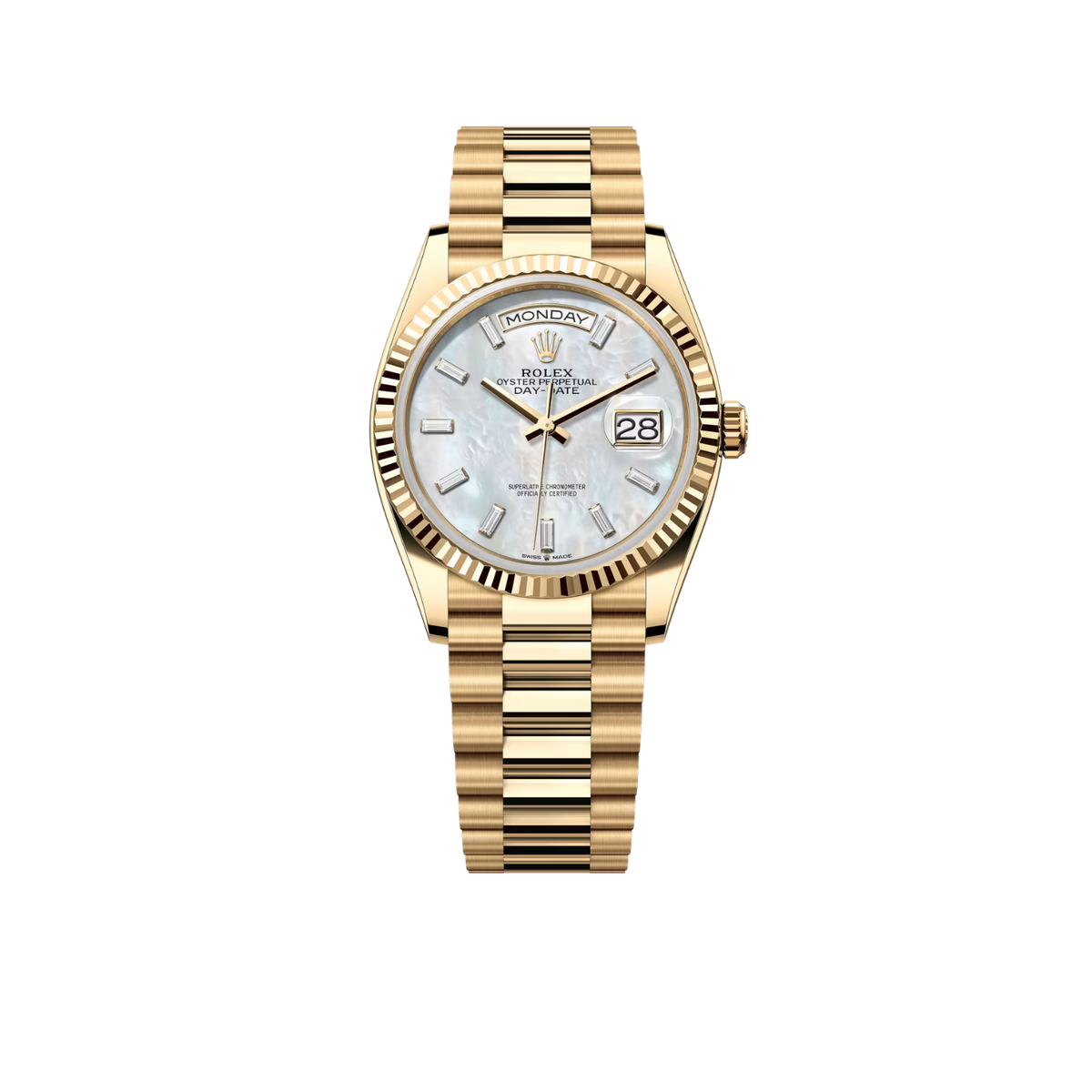 Rolex Day-Date "President" 40mm Yellow Gold Mother of Pearl Diamond Baguette Dial - 128238 - New 2026