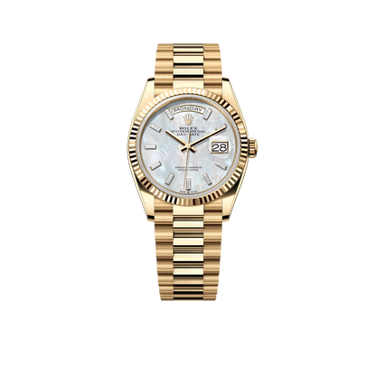 Rolex Day-Date "President" 40mm Yellow Gold Mother of Pearl Diamond Baguette Dial - 128238 - New 2026
