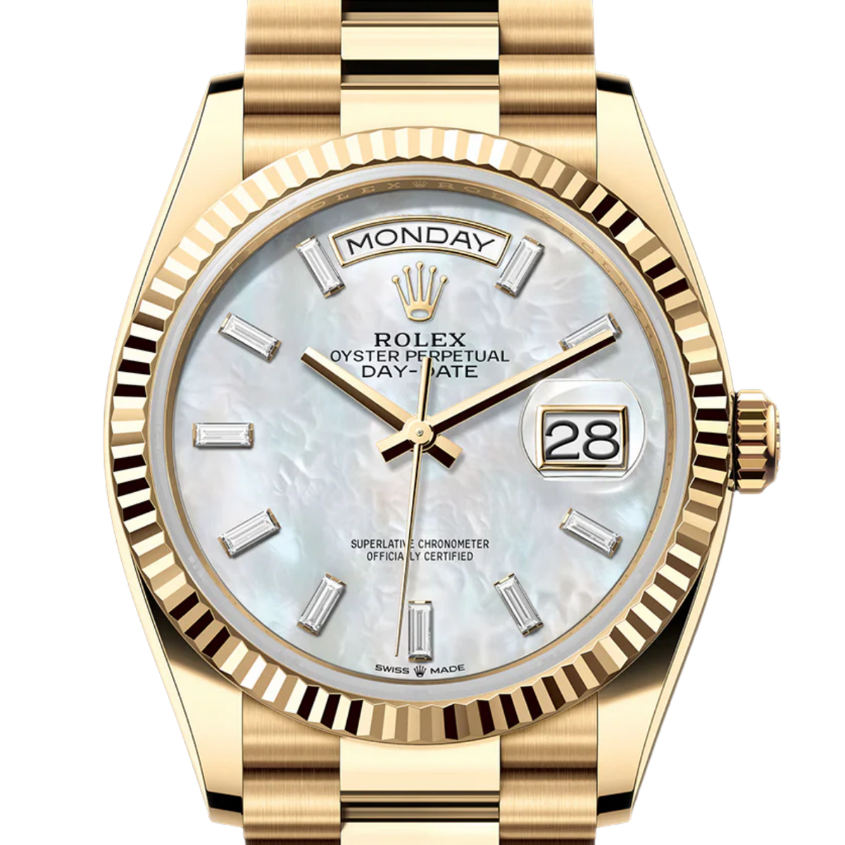 Rolex Day-Date "President" 40mm Yellow Gold Mother of Pearl Diamond Baguette Dial - 128238 - New 2026