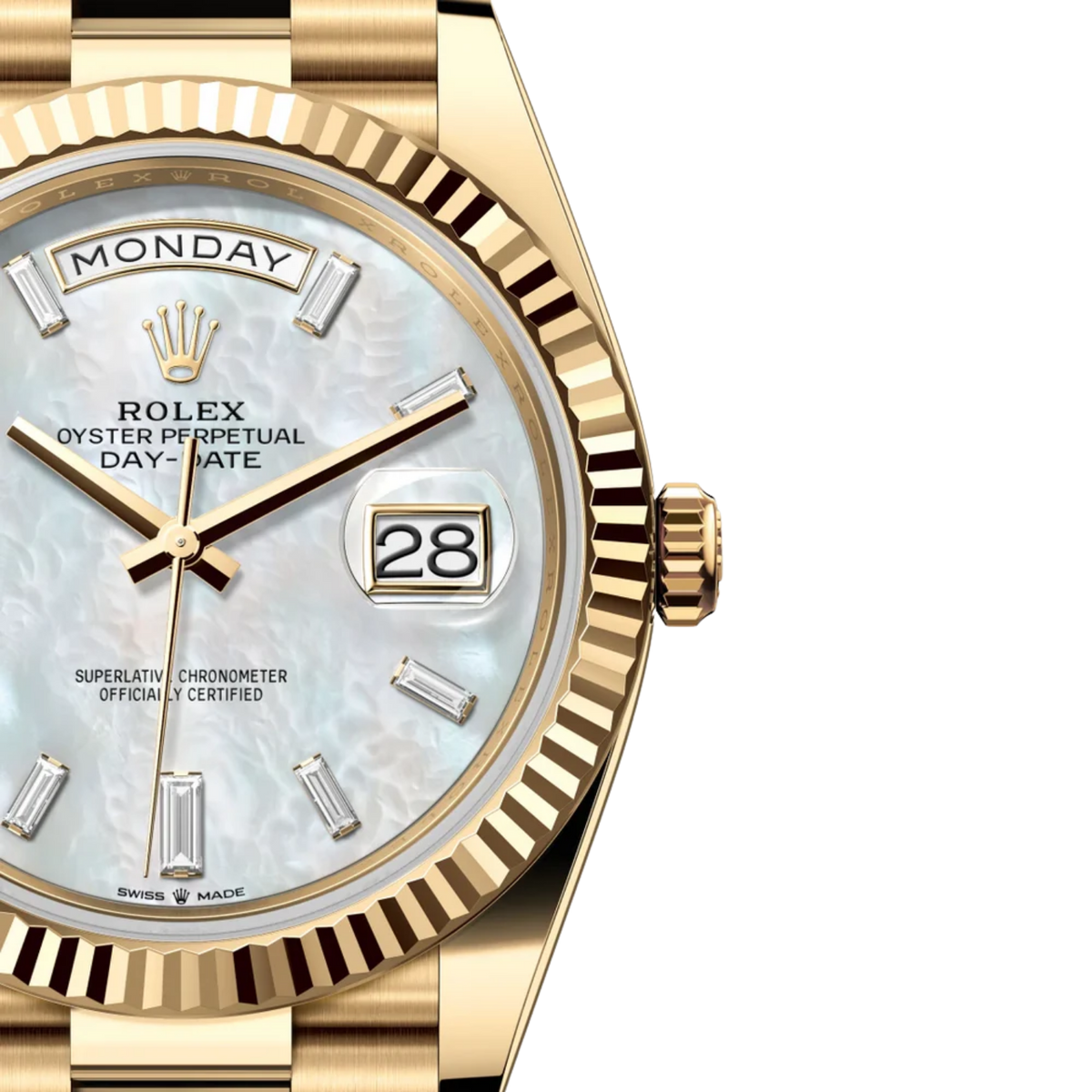 Rolex Day-Date "President" 40mm Yellow Gold Mother of Pearl Diamond Baguette Dial - 128238 - New 2026