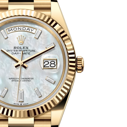 Rolex Day-Date "President" 40mm Yellow Gold Mother of Pearl Diamond Baguette Dial - 128238 - New 2026