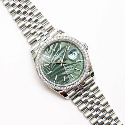 Rolex Datejust 36 M126284RBR-0039 – Olive Green Palm Motif Dial Diamond Bezel