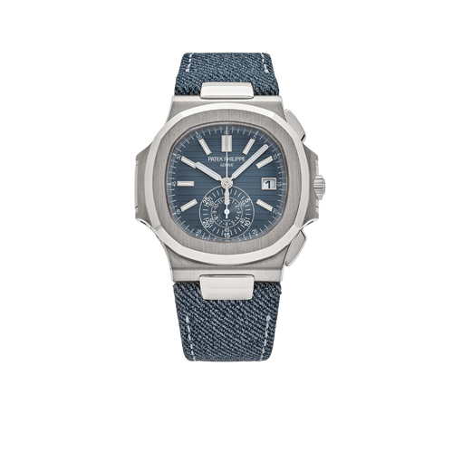 Nautilus 40mm 5980/60G-001 Flyback Chronograph White Gold Blue Dial Denim Strap