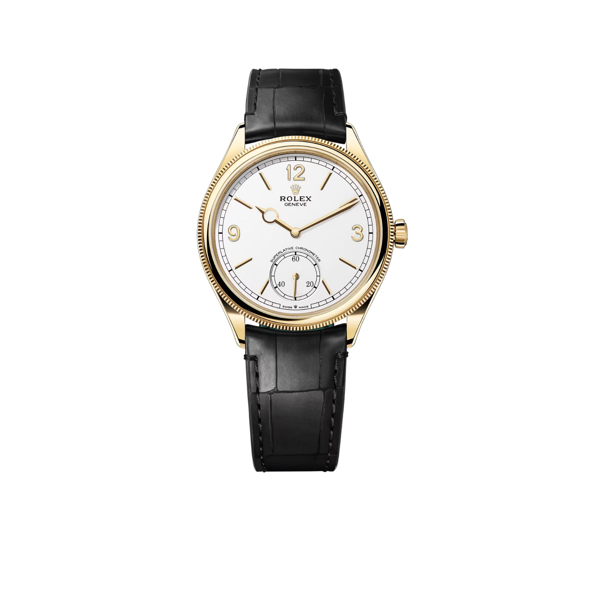 Perpetual 1908 39mm Yellow Gold White Dial Black Alligator Leather Strap m52508-0005