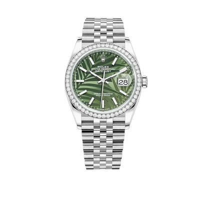 Rolex Datejust 36 M126284RBR-0039 – Olive Green Palm Motif Dial Diamond Bezel