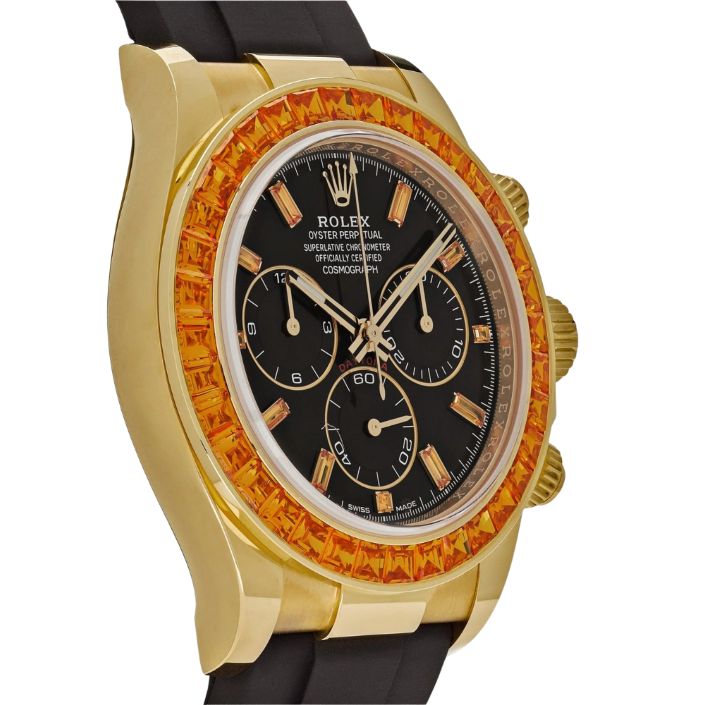 Daytona 116588SACO Yellow Gold Orange Sapphire Bezel Black Diamond Dial