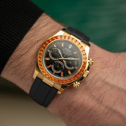 Daytona 116588SACO Yellow Gold Orange Sapphire Bezel Black Diamond Dial
