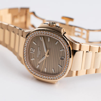 Nautilus Ladies 35mm 7118/1200R-010 Rose Gold Golden Dial Diamond Bezel