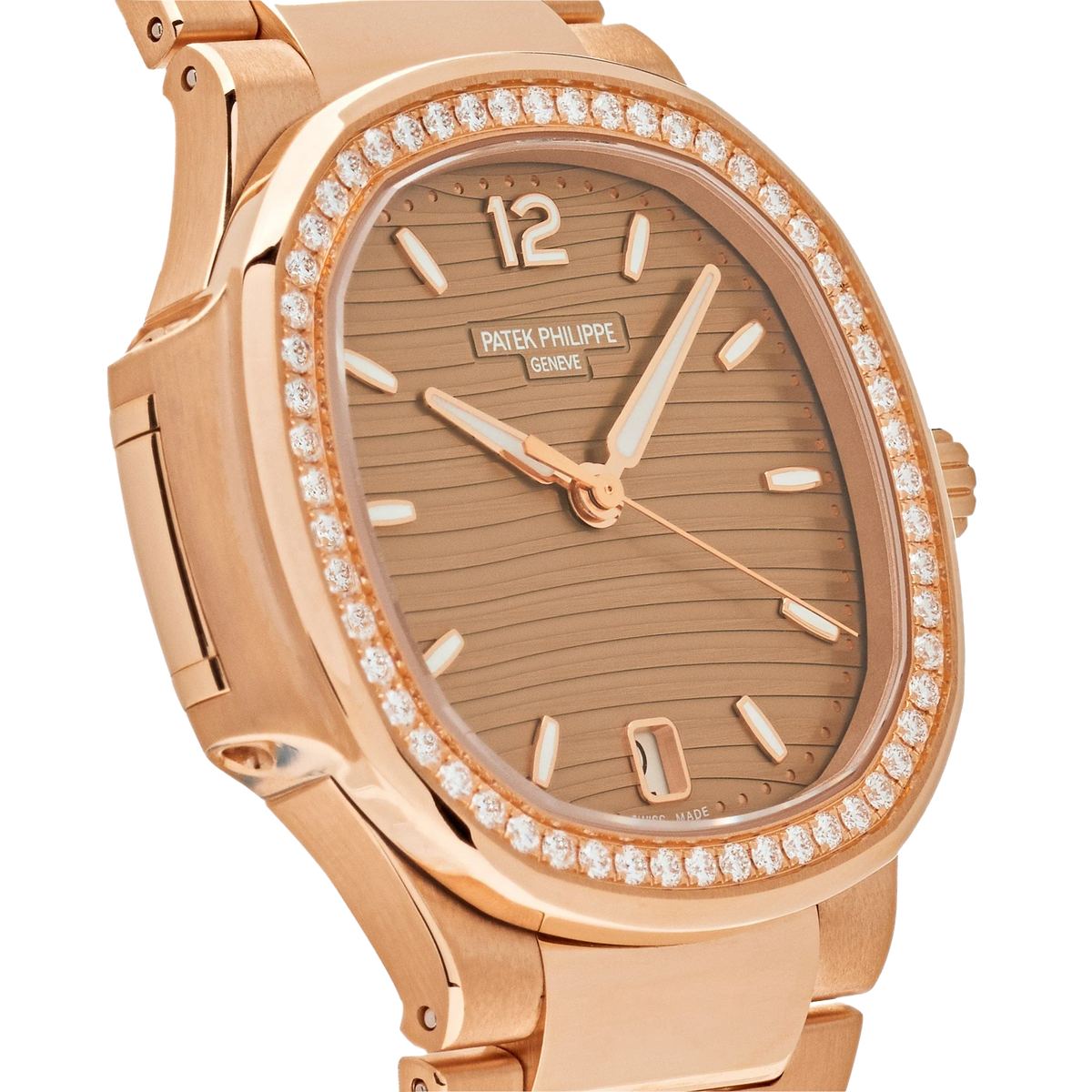 Nautilus Ladies 35mm 7118/1200R-010 Rose Gold Golden Dial Diamond Bezel