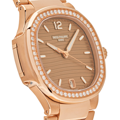 Nautilus Ladies 35mm 7118/1200R-010 Rose Gold Golden Dial Diamond Bezel