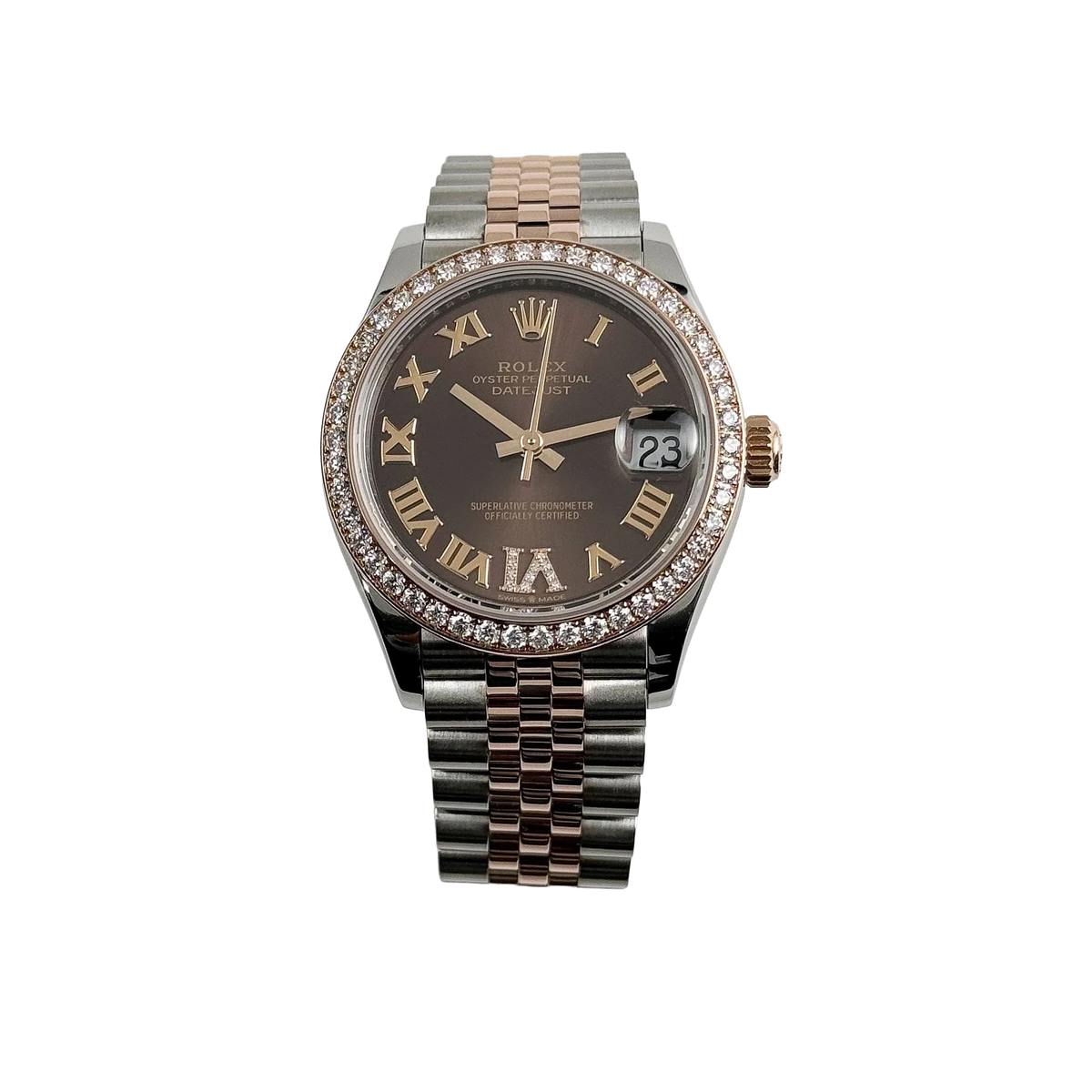 Lady-Datejust 31mm 278381RBR Stainless Steel Rose Gold Brown Roman Numerals Diamond Dial Diamond Bezel Jubilee